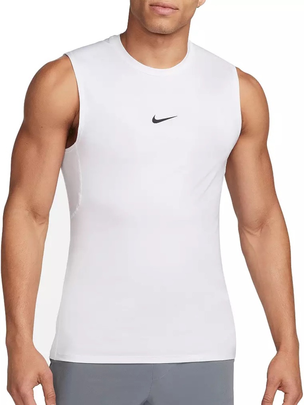 Nike White Men’s Pro Dri-Fit Slim Sleeveless Athletic Tank with Black Swoosh
